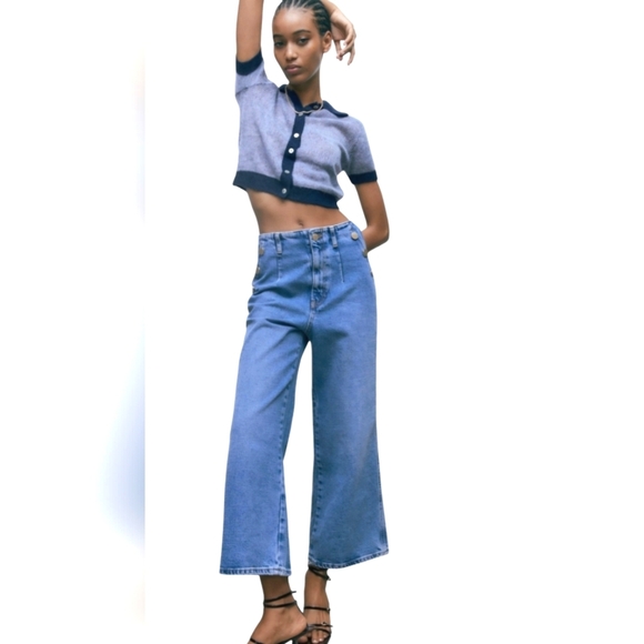 ZARA Jeans Wide Leg Ankle length Golden Button Medium Blue. Size 2 - Picture 1 of 16